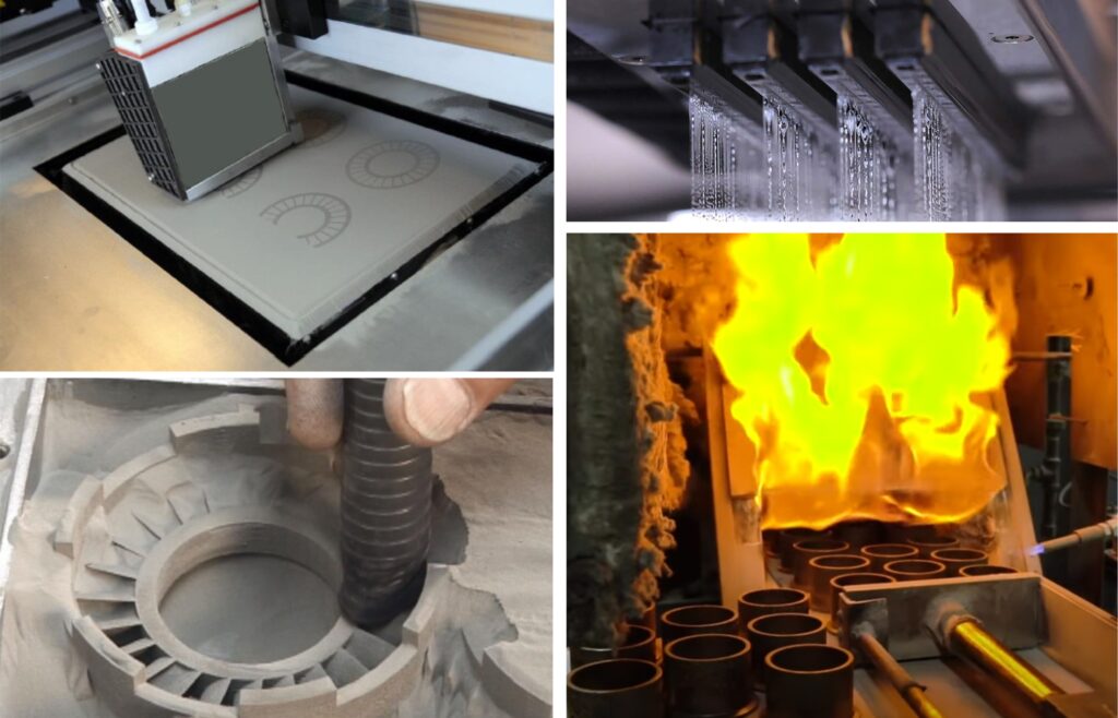 impressão 3D em metais mosaico com 4 imagens de exemplo da tecnologia binder jetting - jateamento de ligante