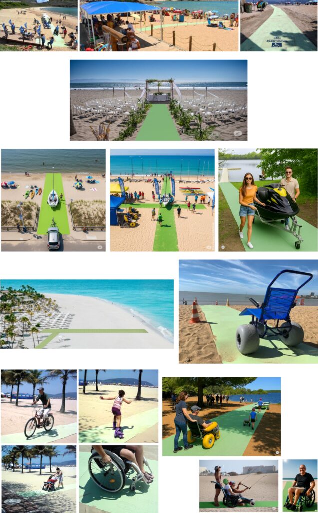 Melhor Esteira para Acessibilidade. Mosaico de imagens mostrando a Esteira Trade Mix em diversas aplicações, como acessibilidade em praias, náutica, casamentos e em eventos ao ar livre.
