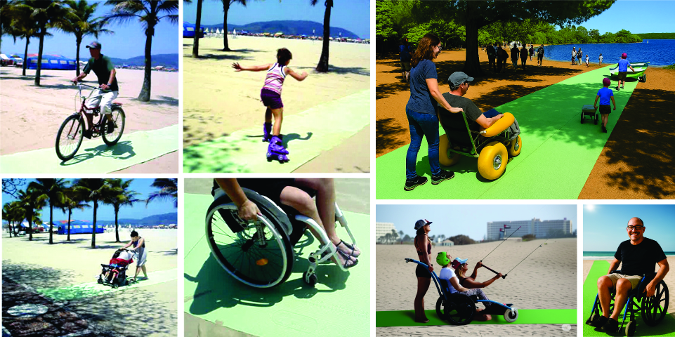 Esteira Trade Mix Acessibilidade sendo usada em lazer e eventos com bikes, patis, carrinhos de picole, carrinhos de bebê, lazer e aventura