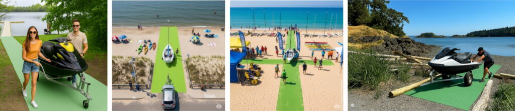 Esteira Trade Mix Acessibilidade usada no setor náutico dando acesso ao mar para barcos, jet skys, carros, velas, windsurf e outros