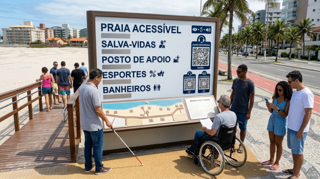 sinalização acessivel para todas as pessoas com deficiencia, disponivel em todos os formatos alternativos (visual, tátil, sonoro, etc.)