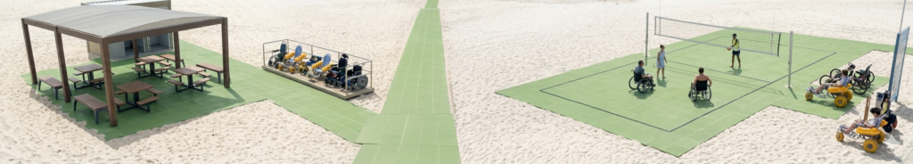 ROTAS ACESSIVEIS COM ESTEIRA TRADE MIX NAS AREIAS PARA AREAS DE LAZER E ESPORTRES