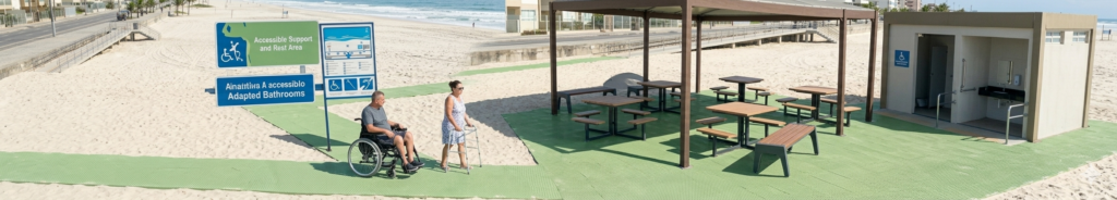 rotas acessiveis para estruturas de lazer e áreaS SOCIAIS E SANITÁRIOS NA AREIA COM ESTEIRAS TRADE MIX