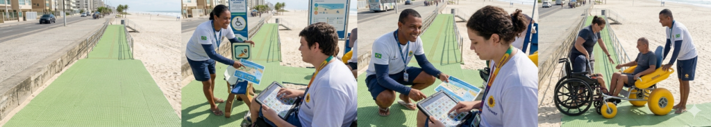 imagem mostrando acesso do calçadão para areeia da praia e pessoal treinado
