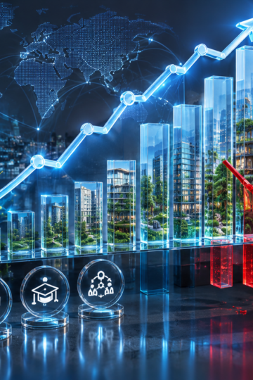 Gráfico macroeconômico 3D sobre o pilar Social do ESG e investimentos em fundos imobiliários globais livres de socialwashing.