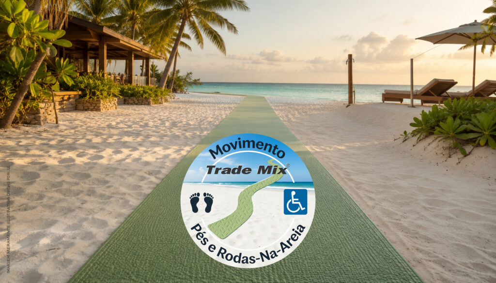 Rota de acesso modular sobre a areia da praia, destacando a textura técnica e a engenharia robusta em harmonia com o ambiente litorâneo natural.