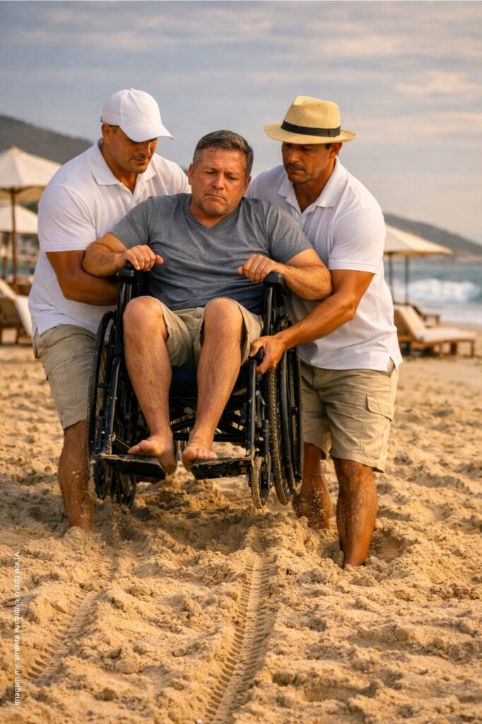 PcD sendo carregado por 2 pessoas para usar a praia