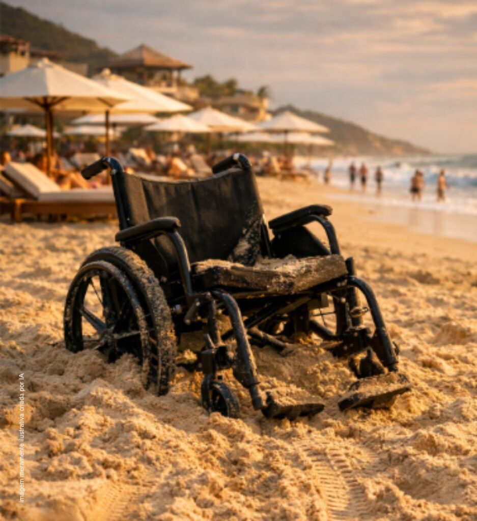 imagem de cadeira de rodas atolada na areia da praia