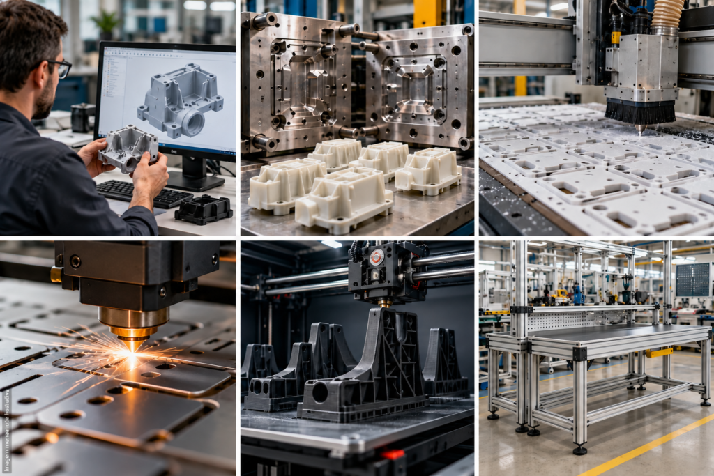 Mosaico ilustrativo de engenharia, moldes, Router CNC, laser, impressão 3D e estruturas de alumínio