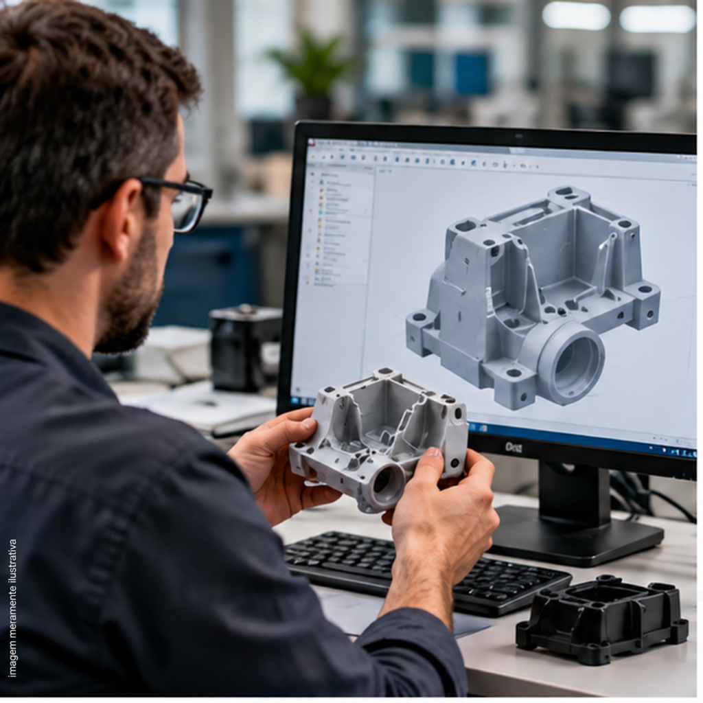 Imagem ilustrativa de desenvolvimento de produto com modelo CAD e protótipo