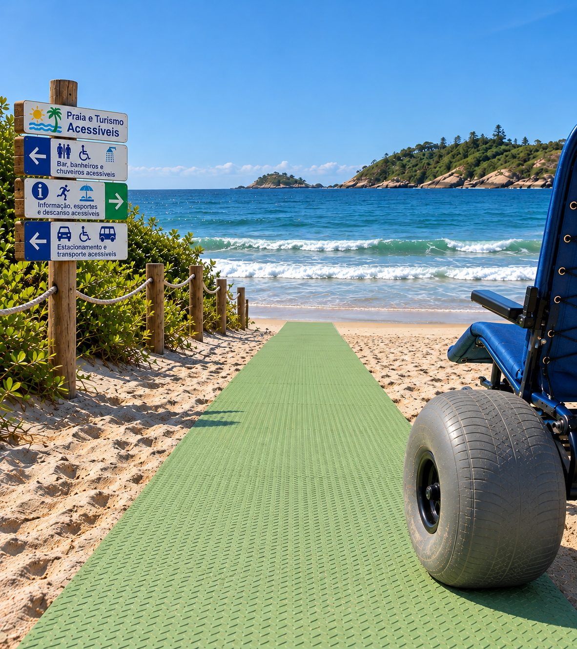 Esteira Trade Mix Acessibilidade formando caminho sobre a areia até o mar, com cadeira de rodas anfíbia ao lado e placas de praia acessível